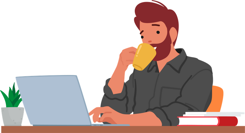 Man drinking Coffee and Sits At Laptop  Illustration