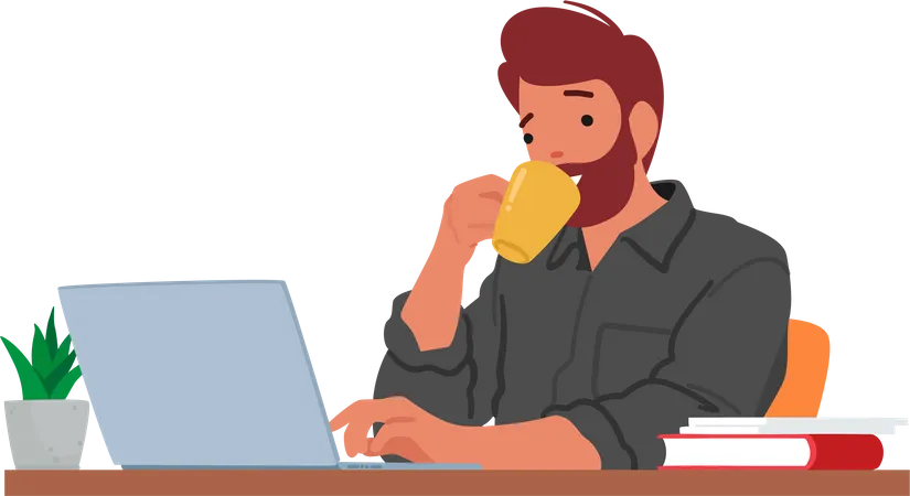 Man Sits At His Laptop Sipping Coffee Engrossed In His Work Male Character Navigates Through His Tasks With Focus And Determination While Enjoying Hot Beverage Cartoon People Vector Illustration Illustration