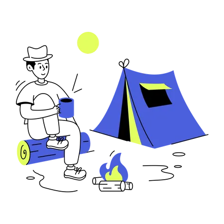Man drinking coffee at camping site  Illustration