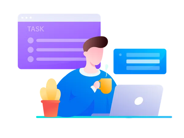 Man drinking coffee while making business task  Illustration