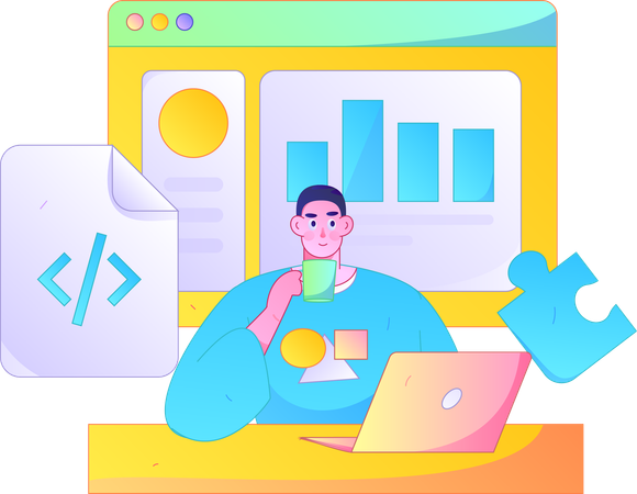 Man drinking coffee while thinking about business solution  Illustration