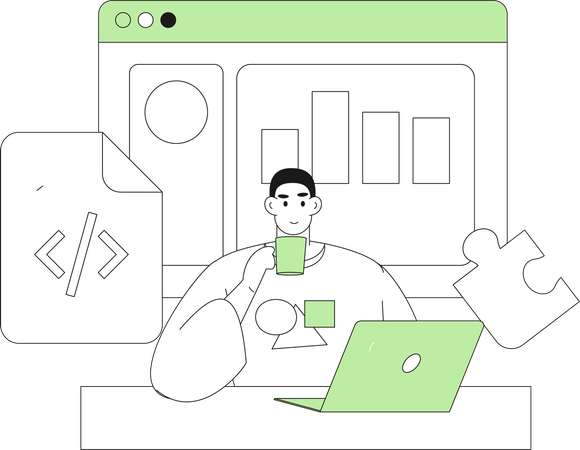 Man drinking coffee while thinking about business solution  Illustration