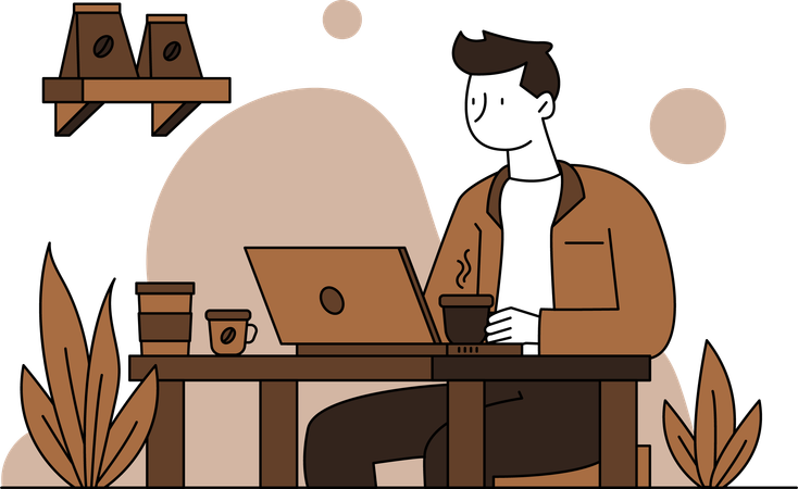 Man drinking coffee while working  イラスト