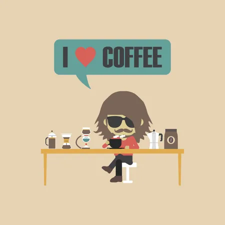 Man Drinking Coffee With Unplug Method, Retro Style Illustration