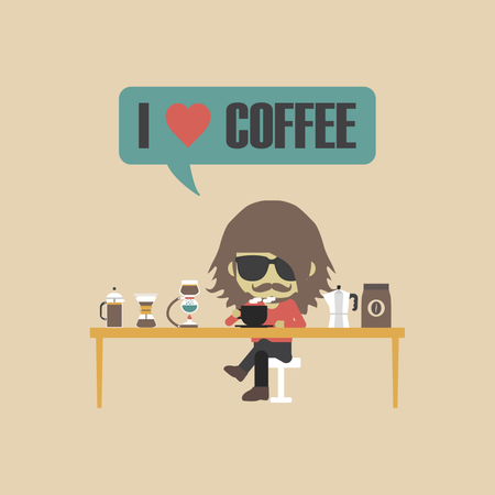 Man Drinking Coffee With Unplug Method, Retro Style  Illustration