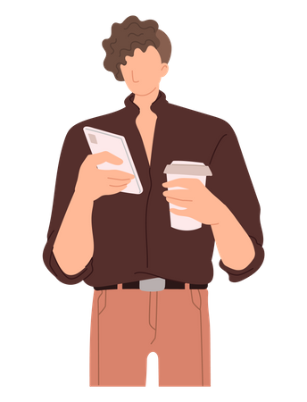Man drinking coffee with using mobile Illustration