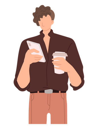 Man drinking coffee with using mobile  Illustration