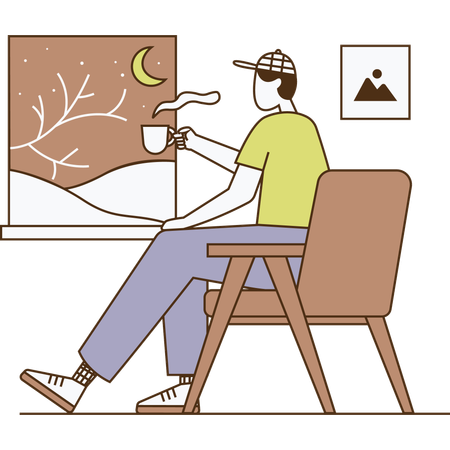 Man drinking hot coffee while looking at scenic view outside window  Illustration