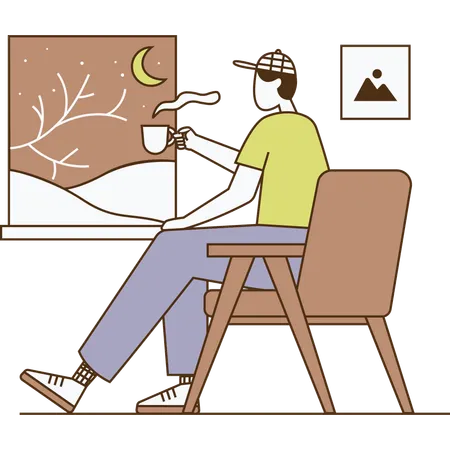 Man drinking hot coffee while looking at scenic view outside window  Illustration