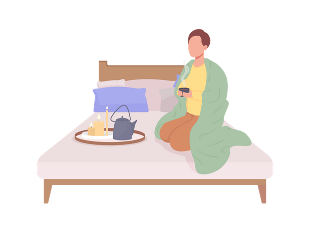 Man drinking tea on bed  Illustration