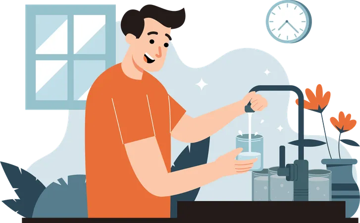 Man drinking water from tap  Illustration