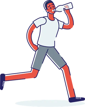 Tired Man Drinking Water While Jogging Sweating Cartoon African American Guy Running Marathon Exhausted From Long Training Linear Vector Illustration Illustration
