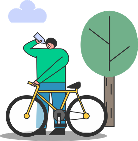 Man drinking water while riding bicycle in park Illustration
