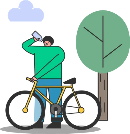 Man drinking water while riding bicycle in park  Illustration