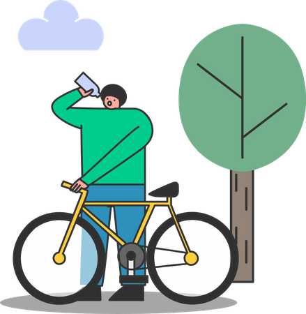 Man drinking water while riding bicycle in park  Illustration