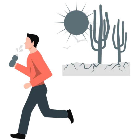 Man drinking water while running away from intense heat  Illustration