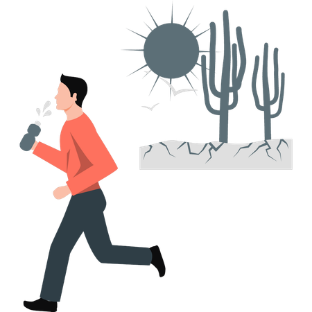 Man drinking water while running away from intense heat  Illustration