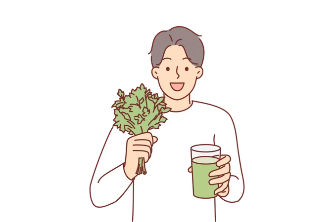 Man Drinks Celery Smoothie Following Healthy Diet To Get Rid Of Toxins And Excess Weight Happy Guy Is Holding Glass With Cocktail Or Smoothie Made On Basis Of Organic Herbs And Plants イラスト