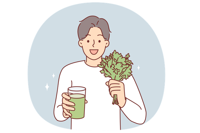 Man drinks celery smoothie following healthy diet to get rid of toxins and excess weight  Illustration
