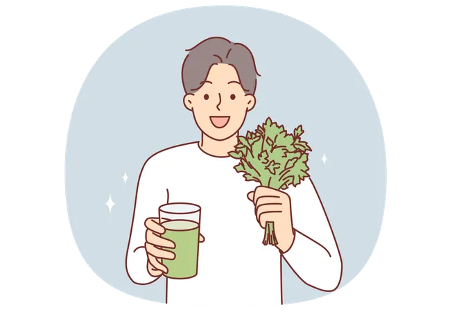 Man drinks celery smoothie following healthy diet to get rid of toxins and excess weight  Illustration