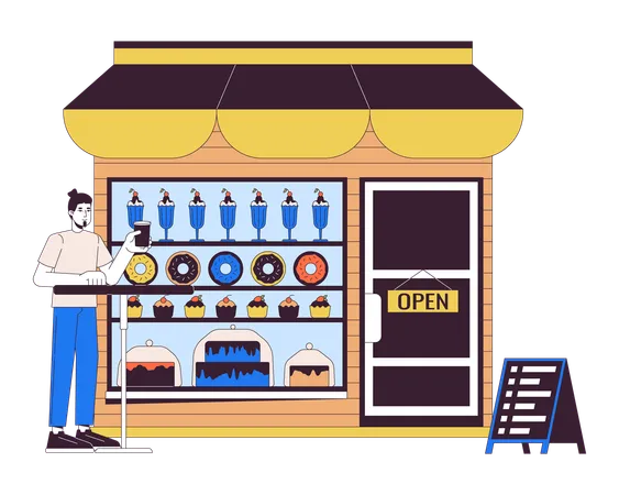 Man Drinking Coffee In Confectionery Shop 2 D Linear Cartoon Character Customer Male At Dessert Store Isolated Line Vector Person White Background Small Business Service Color Flat Spot Illustration Illustration