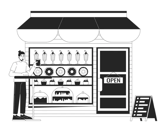 Man Drinking Coffee In Confectionery Shop Black And White 2 D Line Cartoon Character Customer Male At Dessert Store Isolated Vector Outline Person Small Business Monochromatic Flat Spot Illustration Illustration