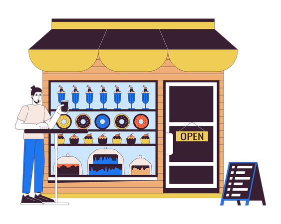 Man drinks coffee at candy shop  Illustration