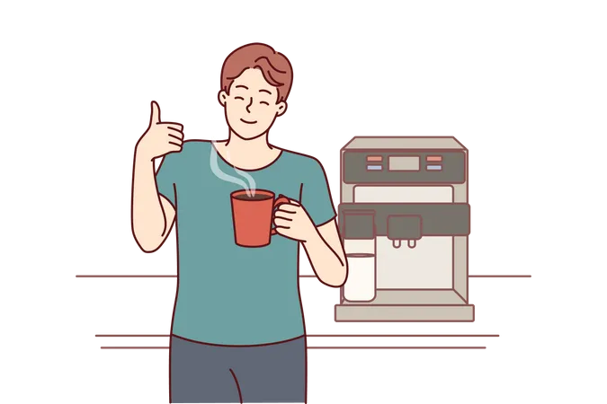 Man drinks coffee from mug standing near machine for making delicious espresso and shows thumbs up  イラスト