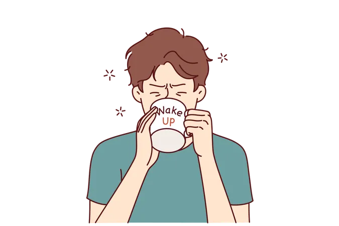 Man Drinks Coffee From Mug With Inscription Wake Up Wanting To Cheer Up And Gain Strength Before Difficult Working Day Tired Young Guy Trying To Wake Up With Caffeine And Taurine Drinks Illustration