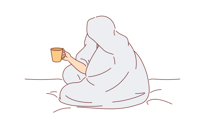 Man drinks coffee sitting on bed and wrapped in blanket to warm up  Illustration