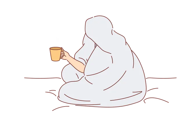 Man drinks coffee sitting on bed and wrapped in blanket to warm up  Illustration
