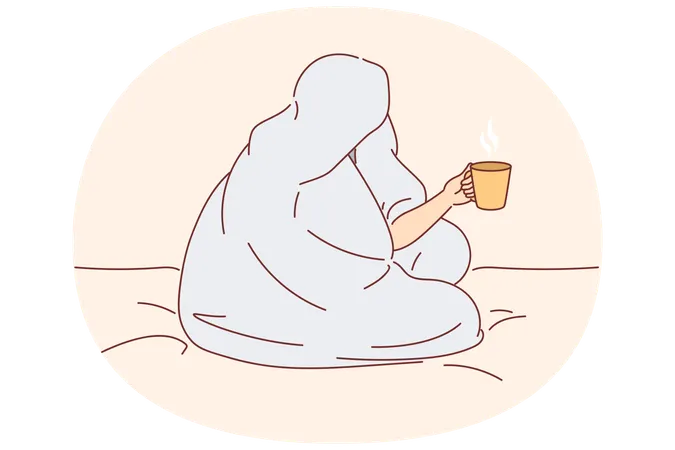 Man drinks coffee sitting on bed and wrapped in blanket to warm up after walk along winter street  Illustration