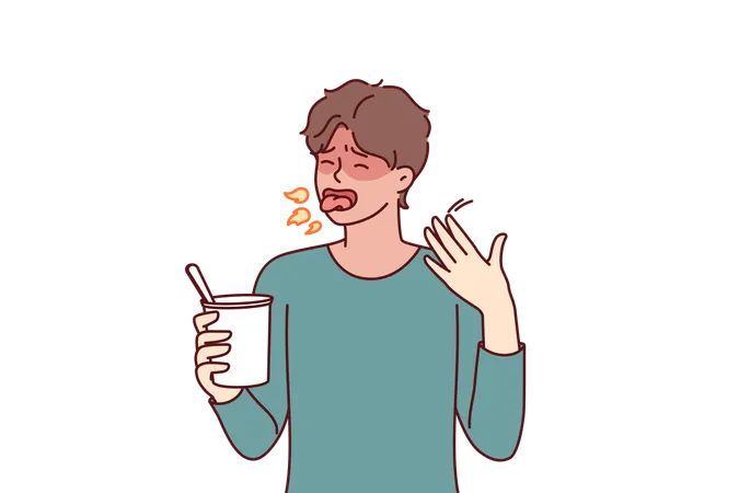 Man Tried Spicy Takeaway From Chinese Restaurant And Is Coughing From Overabundance Of Chili Peppers In Noodles Flushed Guy With Fire Near Mouth After Eating Spicy Food With Jalapeno Peppers Illustration