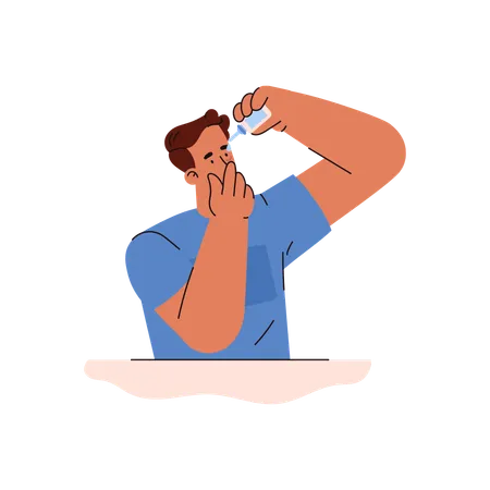 Man dripping drop moisturizing liquid into eye  Illustration