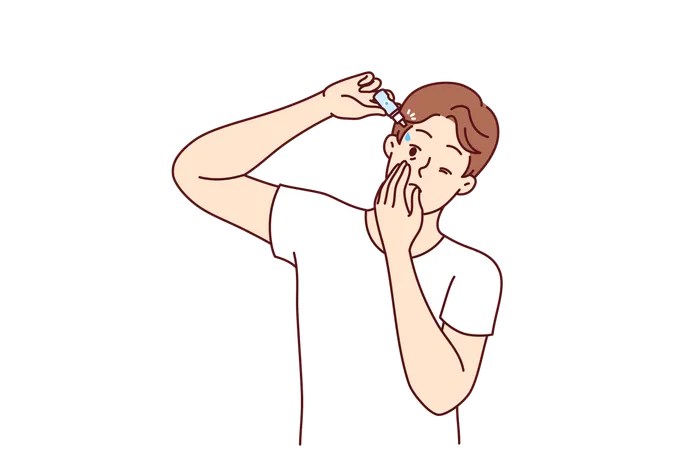 Man Drips Moisturizing Liquid Into Eyes To Improve Vision Or Avoid Drying Out Of Retina Guy Uses Eyes Drops Prescribed By Ophthalmologist Recommends Preventive Measures To Combat Blindness Illustration