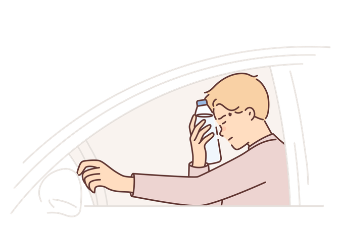 Man driver feels headache putting water bottle to forehead and closes eyes sitting behind wheel car  Illustration