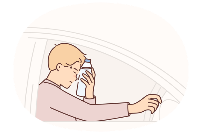 Man driver feels headache putting water bottle to forehead and closes eyes sitting behind wheel car  Illustration