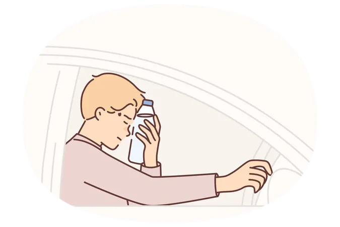 Man driver feels headache putting water bottle to forehead and closes eyes sitting behind wheel car  Illustration