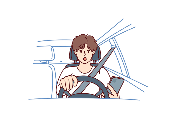 Man driver with phone sits behind wheel of car and gets scared sees obstacle on road  Illustration