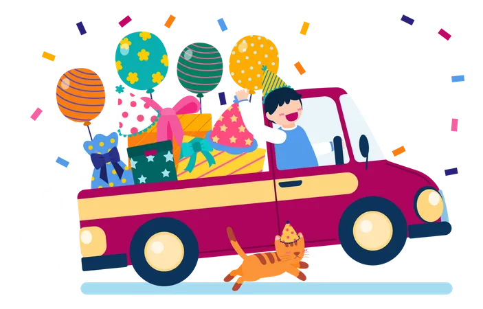 Man driving a car with full of presents Illustration