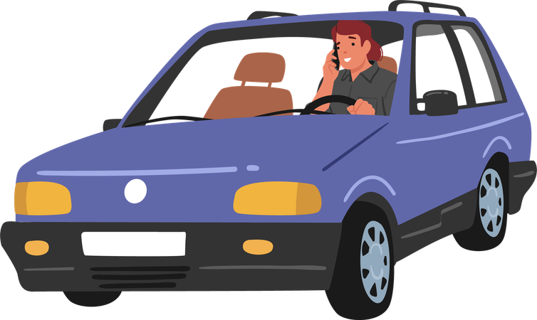 車を運転しながら携帯電話で通話している男性  イラスト