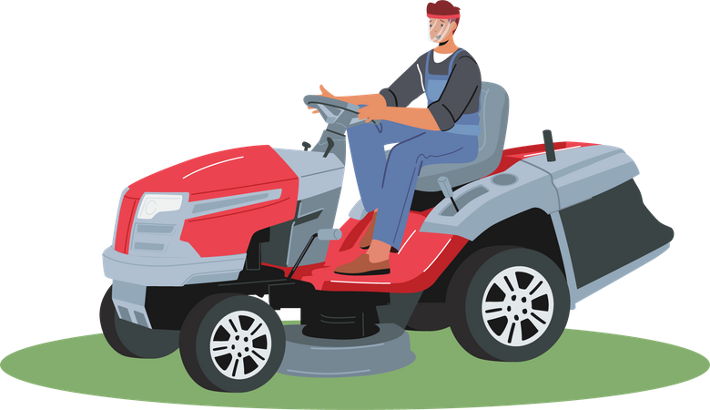 Man driving lawn mower machine to mow lawn  Illustration
