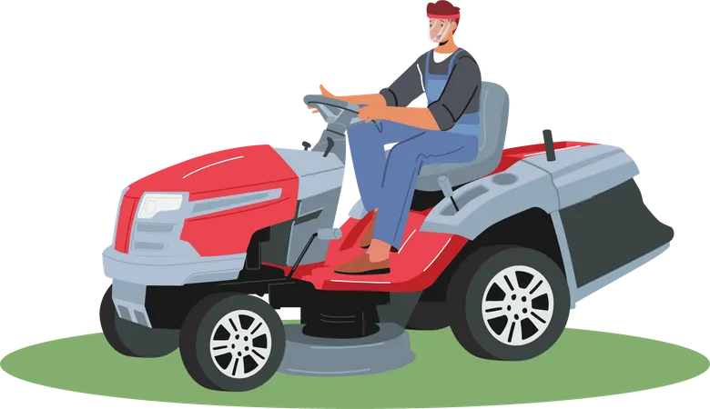 Man driving lawn mower machine to mow lawn  Illustration