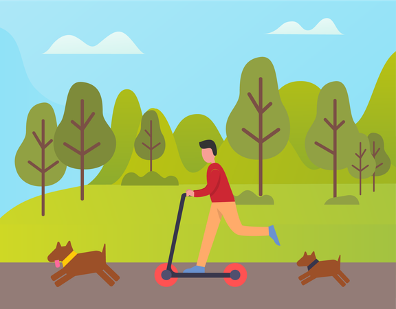 Man driving push scooter in park  Illustration