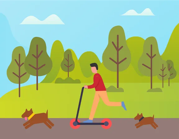 Man driving push scooter in park  Illustration