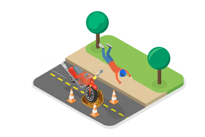 3 D Isometric Flat Vector Illustration Of Motorcycle Accident Risks Driving A Personal Vehicles Illustration