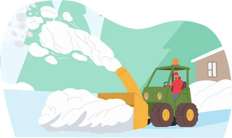 Man driving snowplow machine  Illustration