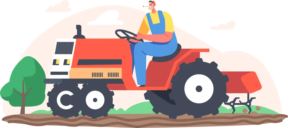 Man driving tractor on the field  Illustration