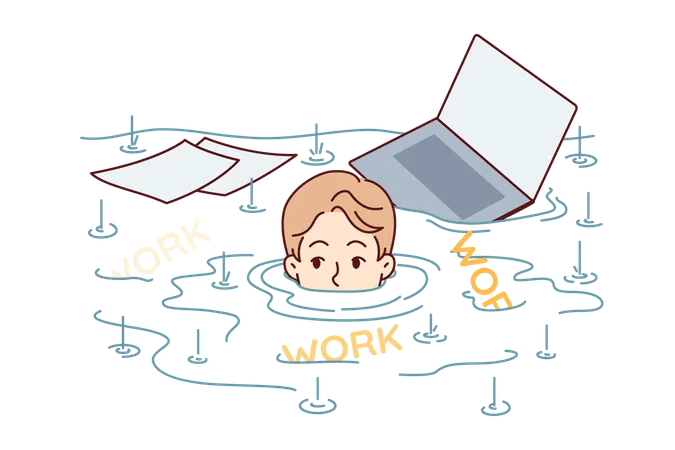 Man Is Drowning In Work With Documents And Laptop Needing Time Management To Solve Problem Of Overwork And Overload Concept Of Importance Of Delegating Authority To Employees To Relieve Overload Illustration