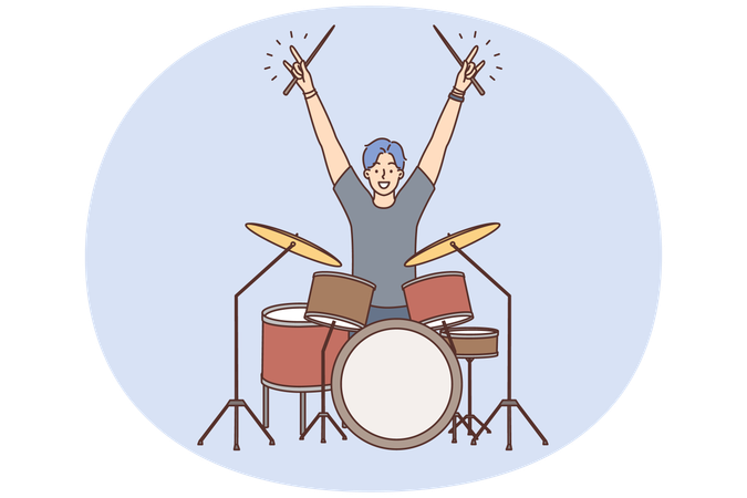 Man drummer member of youth rock band raise hands up starting concert  Illustration